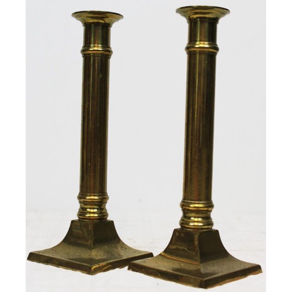 Vtg Decorative Crafts Tall 8.5'' Brass Taper Candlesticks Holders Square Columns - Picture 5 of 8